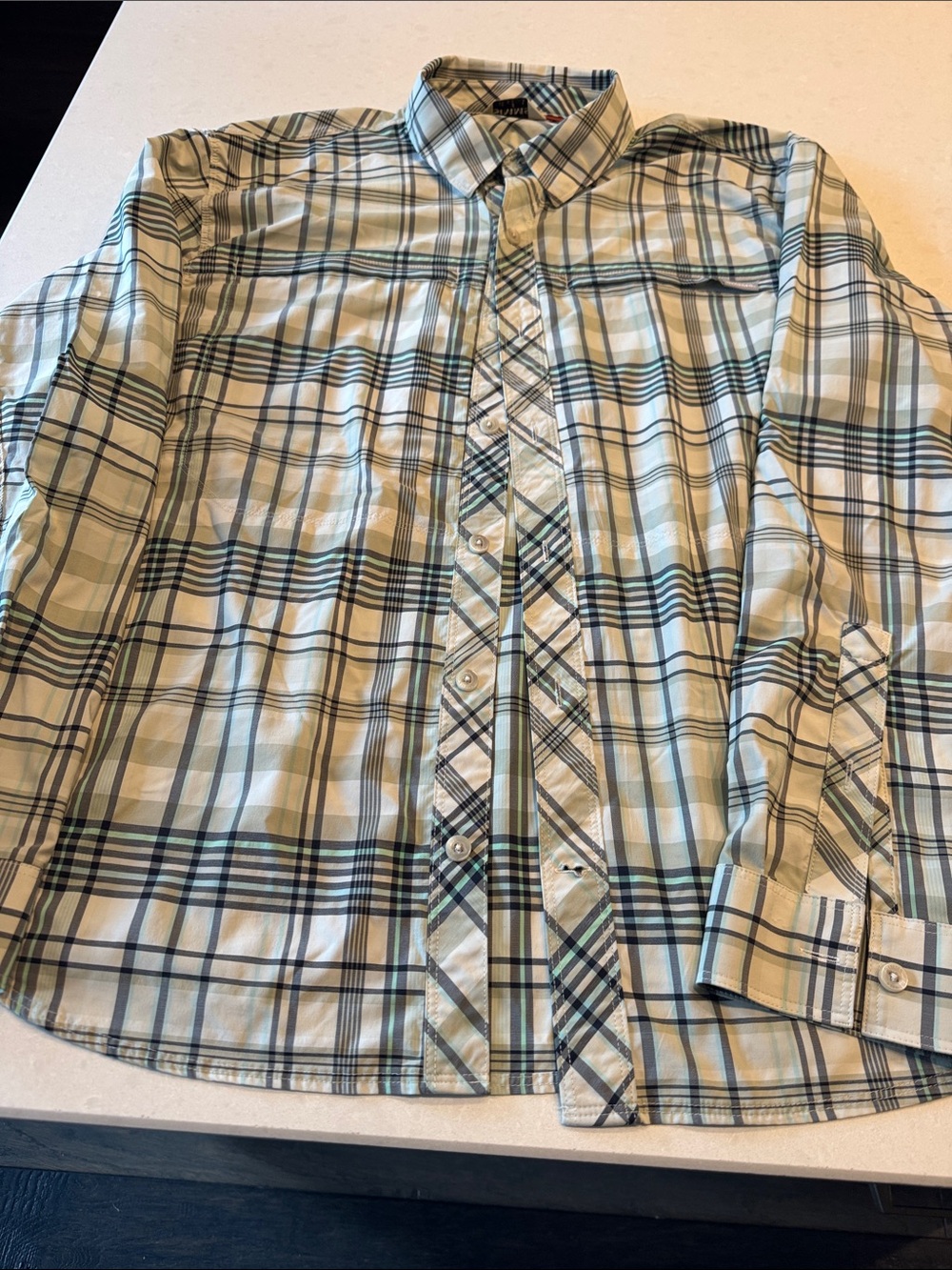 Simms Men's Lightweight Plaid Button-Down Shirt in Green and White